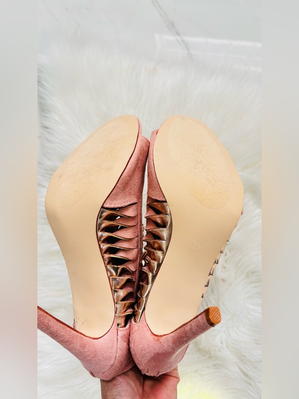 Cape Robbin Rose Gold & Pink Suede Cutout Metallic Peep-Toe Stiletto Booties NEW - Picture 12 of 16